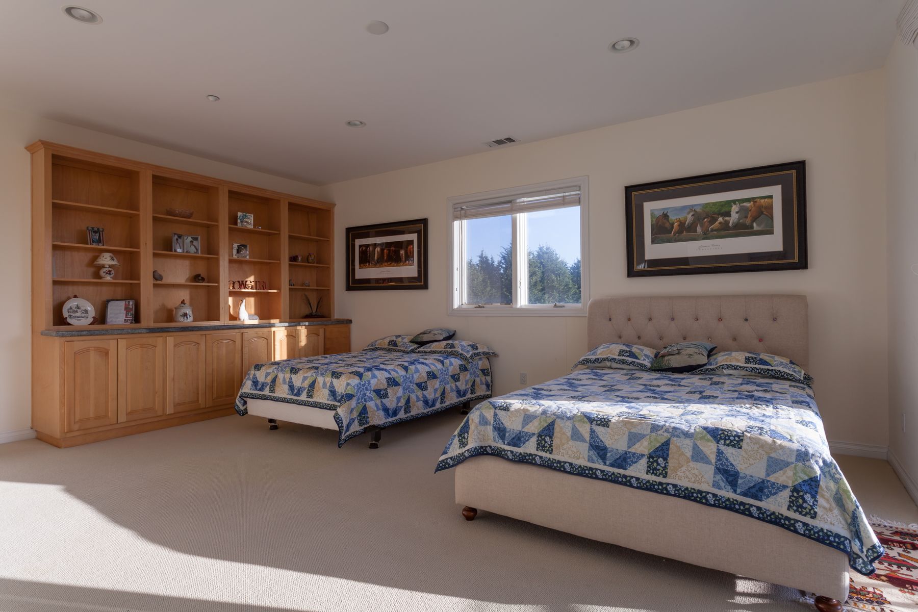 Bedroom with built-in shelves and twin bed