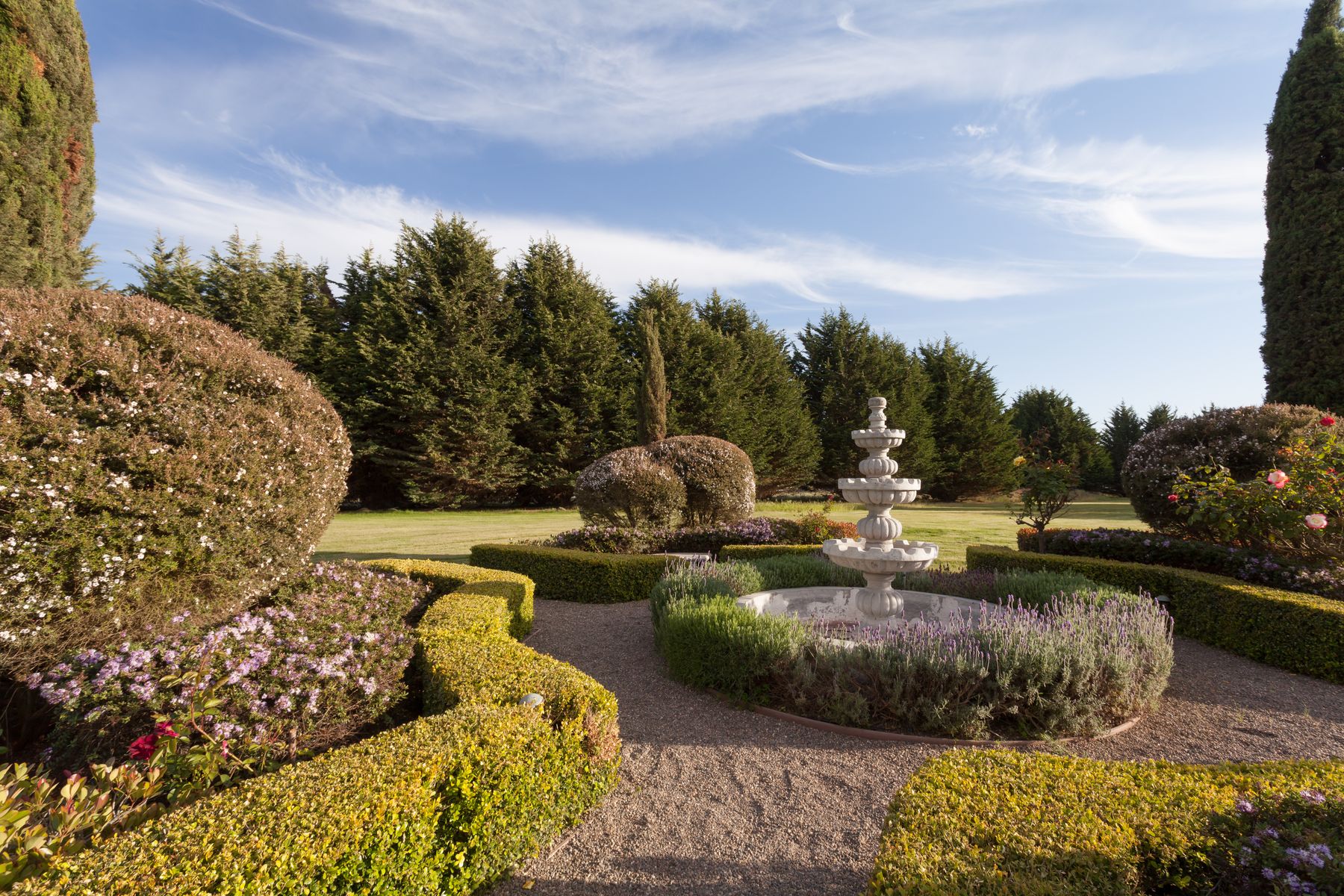 Garden fountain and topiaries